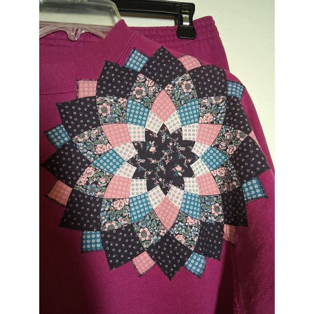 Tultex Magenta Sweatshirt and Joggers Set with Patchwork Flower Accents